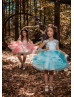 Cap Sleeves Beaded Lace Tulle V Back Short Flower Girl Dress